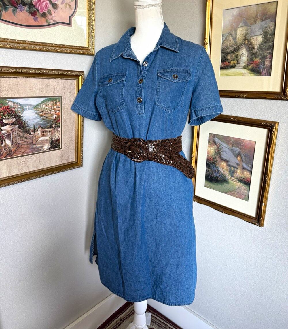 Draper's & Damon's Blue Denim Shirt Dress Button Front Pockets Womens M